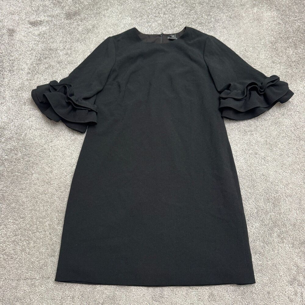 Club Monaco Tiered Ruffle Sleeve Mini Shift Dress Womens 00 Black Crepe Classic
